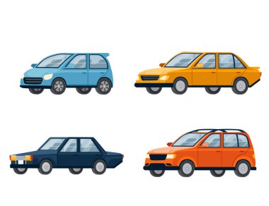 Dört farklı arabadan oluşan retro ve modern şehir otomotiv düz vektör çizimi