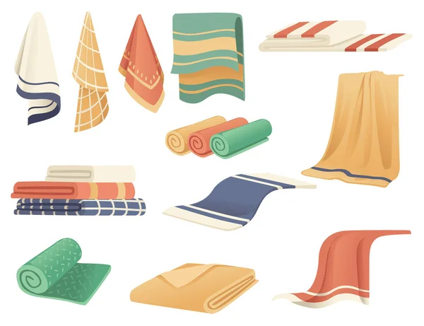 Conjunto de toalhas de banho e cozinha doméstico pano toalha plana vetor ilustração no fundo branco — Vetor de Stock