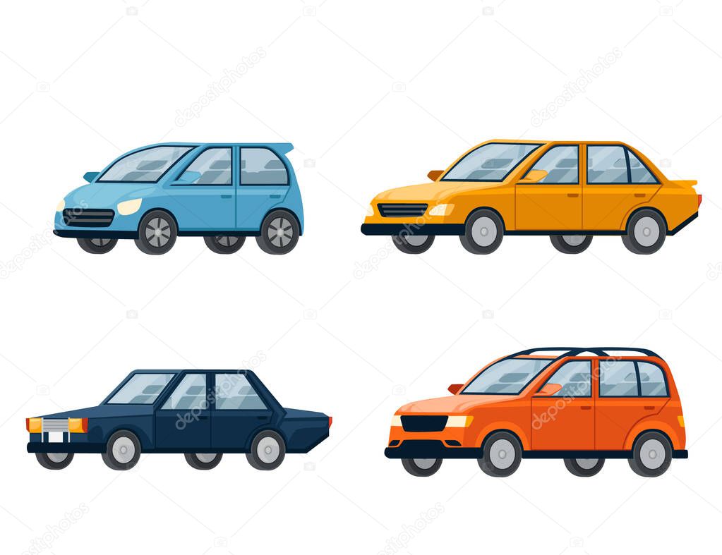 Set of four different cars retro and modern city automotive flat vector illustration