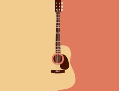 Akustik gitar klasik müzik enstrümanı sarı ve turuncu zemin üzerinde düz vektör çizimi