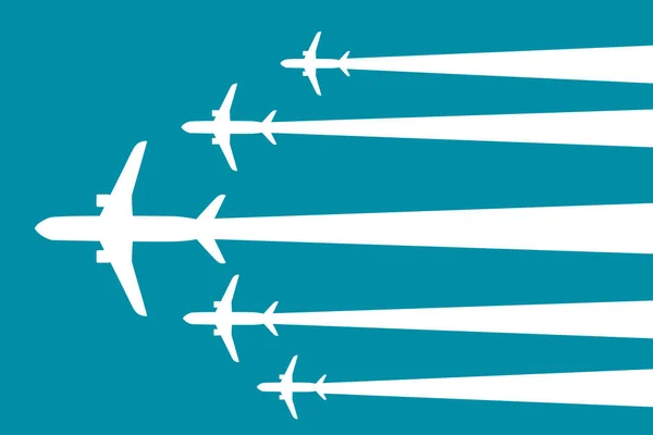 Вид сверху на летящие белые силуэты больших белых пассажирских самолетов плоский вектор иллюстрации — стоковый вектор