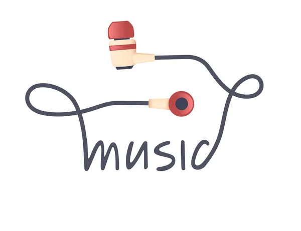 Signo de etiqueta musical con cable negro de estilo y auriculares para la ilustración de vectores planos de audio — Vector de stock