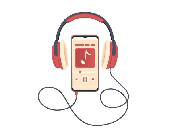 Fone de ouvido profissional com fio estilo retro antigo conectado ao smartphone e reproduzir música ilustração vetorial plana —  Vetores de Stock