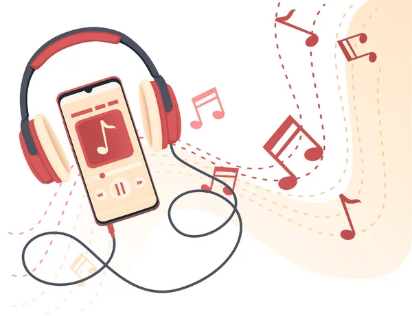 Fone de ouvido profissional com fio estilo retro antigo conectado ao smartphone e reproduzir música ilustração vetorial plana —  Vetores de Stock