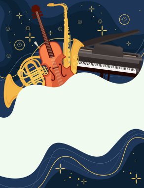 Classic musical instrument collection on night sky background flat vector illustration.