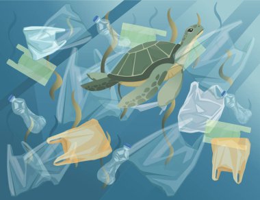 Kirli su ile okyanus plastik torbalar ve şişeler kirli su düz vektör illüstrasyon kaplumbağa