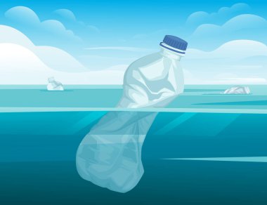 Su ekolojisi felaketinde buruşmuş plastik şişe. Okyanus ve gökyüzü arkaplanlı plastik problem düz vektör çizimi.