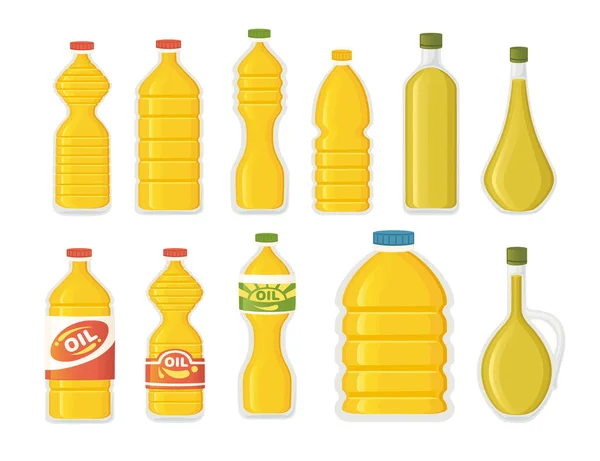 Uppsättning Blandade Flaskor Med Grönsaker Olja Platt Vektor Illustration Isolerad — Stock vektor