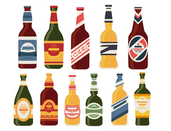 Botellas Cerveza Con Etiqueta Botellas Vidrio Con Diferentes Tipos Cerveza — Vector de stock