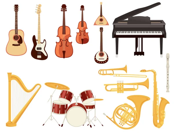 Conjunto Instrumentos Musicales Clásicos Colección Dibujos Animados Diseño Plano Vector — Archivo Imágenes Vectoriales