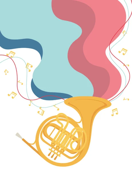 Instrumento Musical Clásico Cuerno Francés Con Notas Musicales Fluidas Ilustración — Vector de stock