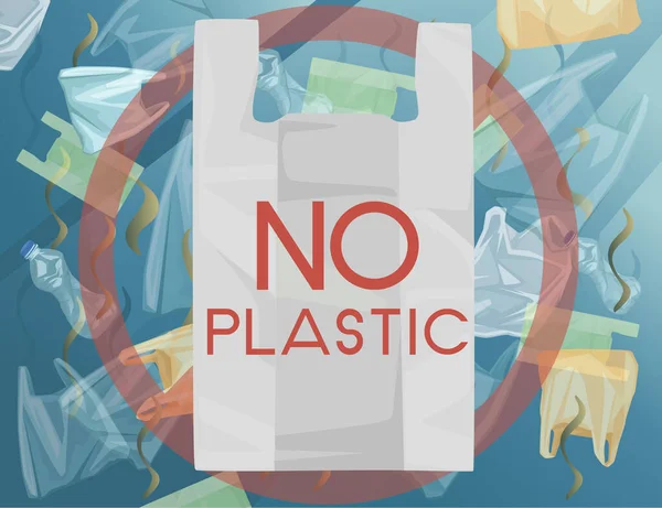 Plastikowe torby i plastikowe butelki odpadów w wodzie oceanu NIE PLASTIC znak płaski wektor ilustracji — Wektor stockowy