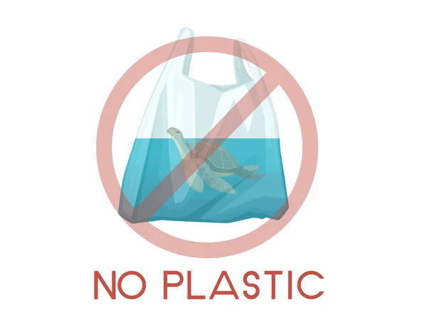 Želva v plastovém sáčku abstraktní ilustrace NO PLASTIC znamení znečištění problém plochý vektor ilustrace na bílém pozadí — Stockový vektor