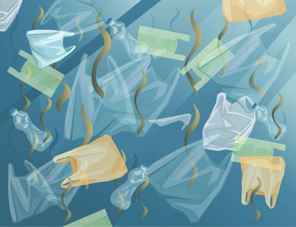 Océano con agua contaminada bolsas de plástico y botellas ecología problema desastre plano vector ilustración — Archivo Imágenes Vectoriales