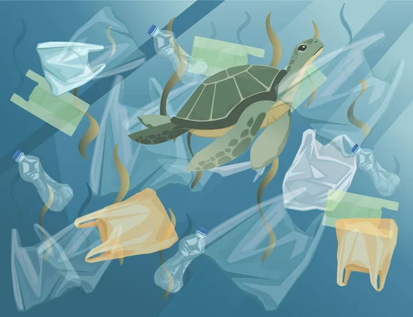Océano con bolsas de plástico de agua contaminada y botellas de tortuga en agua sucia ilustración vector plano — Vector de stock