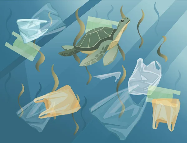 Océano con bolsas de plástico de agua contaminada y botellas de tortuga en agua sucia ilustración vector plano — Vector de stock