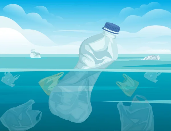 Botella de plástico arrugado y bolsas de plástico en agua ecología desastre plástico problema plana vector ilustración con fondo océano y cielo — Archivo Imágenes Vectoriales