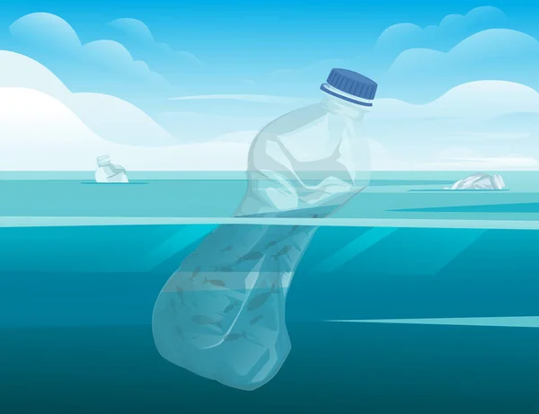 Su ekolojisi felaketinde buruşmuş plastik şişe. Okyanus ve gökyüzü arkaplanlı plastik problem düz vektör çizimi. — Stok Vektör