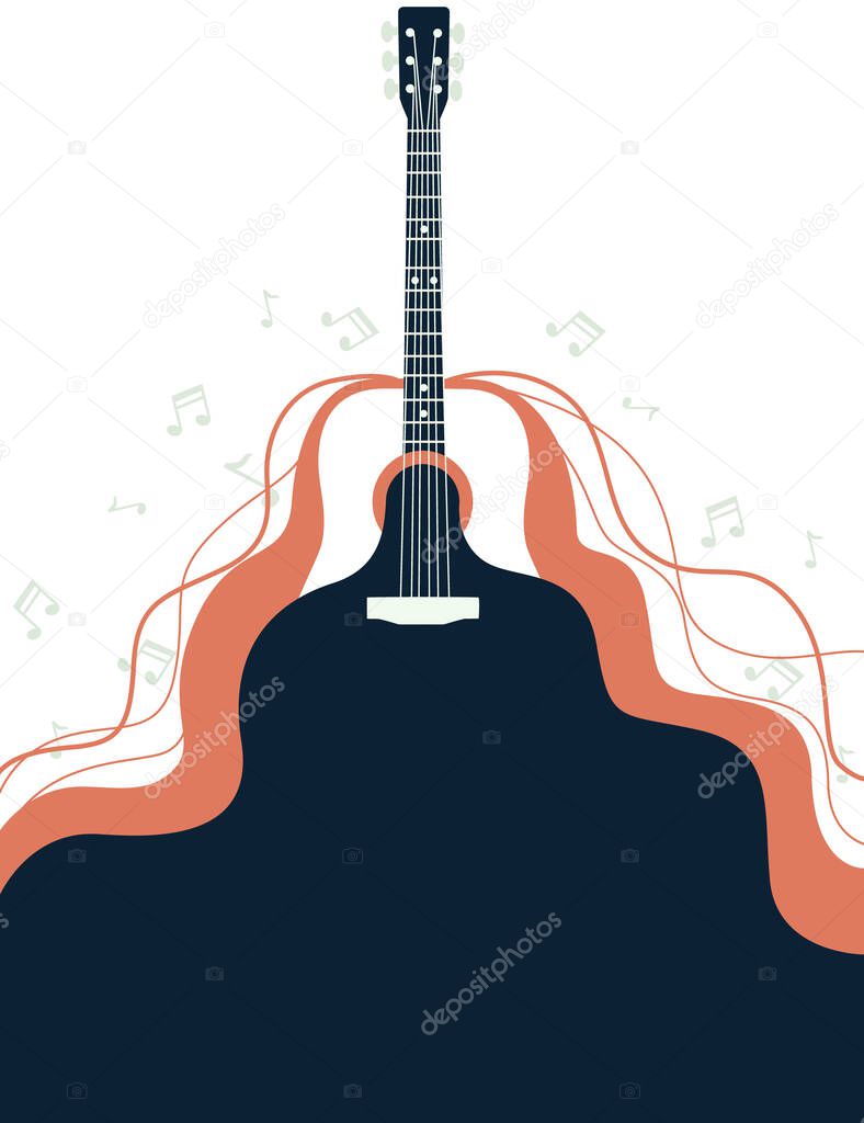 Acoustic guitar classical vintage music instrument and flowing sound with musical notes flat vector illustration.