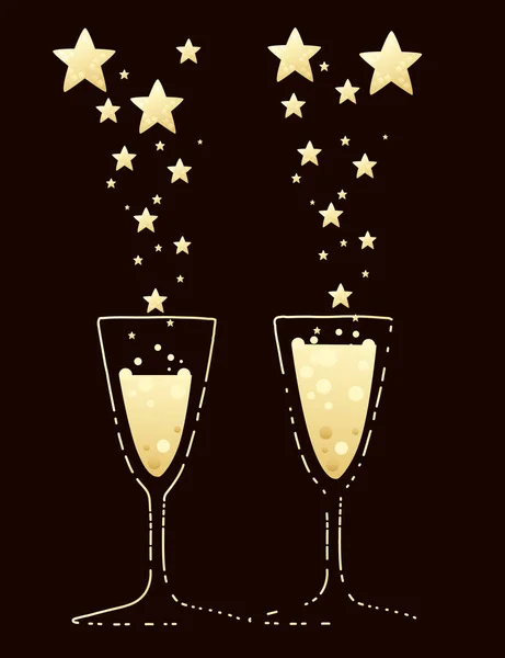 Zwei Champagner-Flöten schmale Gläser gefüllt mit Champagner-Flachvektorillustration auf braunem Hintergrund — Stockvektor