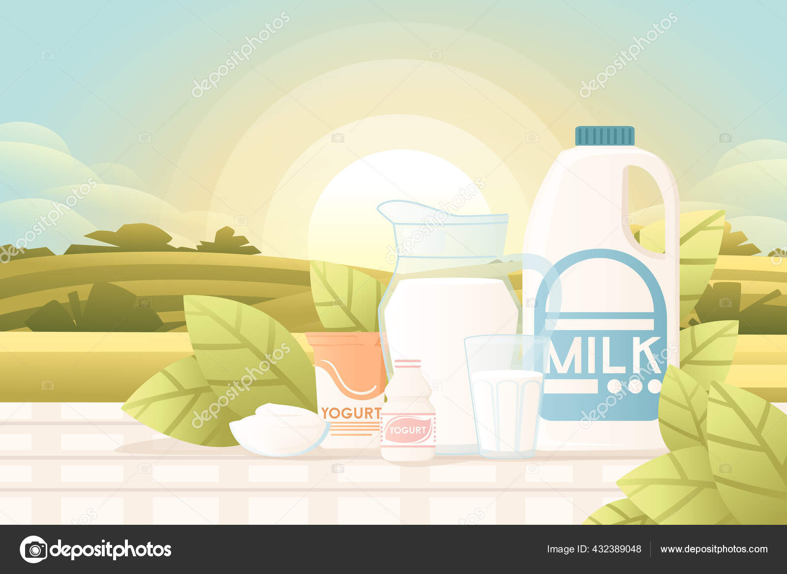 Different yogurt and milk package dairy product presentation flat vector  illustration on agriculture field with sunny day on background Stock Vector  Image by ©.com #432389048