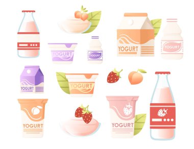 Beyaz arkaplanda izole edilmiş çeşitli süt ürünü paketleme karton plastik veya cam düz vektör çizimi.