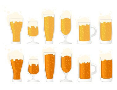 Bardakta bira seti farklı tipte kupalar ve biralar beyaz arkaplanda izole edilmiş düz vektör illüstrasyonu.