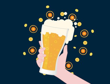 El ele tutuşan şeffaf cam bira kupası soyut bira akışı ve koyu arkaplanda parlak düz vektör çizimi.