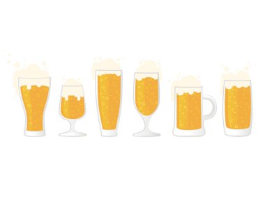 Bardakta bira seti farklı tipte kupalar ve biralar beyaz arkaplanda izole edilmiş düz vektör illüstrasyonu