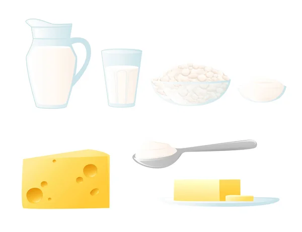 Conjunto Productos Lácteos Granja Leche Queso Yogur Ilustración Vectorial Plana — Archivo Imágenes Vectoriales