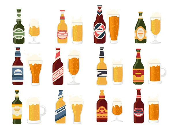 带有标签的啤酒瓶和带有不同类型啤酒瓶的玻璃杯啤酒瓶在白色背景下分离的纯载体说明 — 图库矢量图片