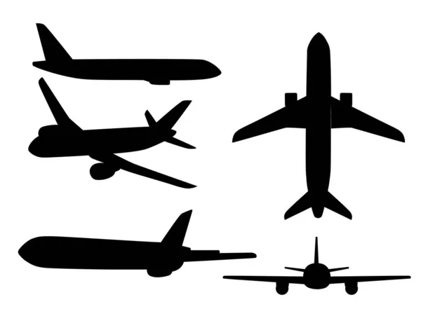 Ensemble Silhouettes Noires Grand Avion Passagers Turbine Jet Plat Vecteur — Image vectorielle