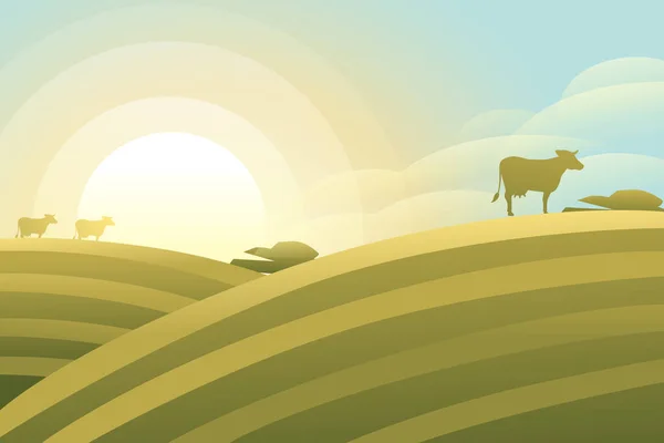 Сельский Утренний Пейзаж Холмами Долинами Сельскохозяйственных Полей Плоский Вектор Иллюстрации — стоковый вектор