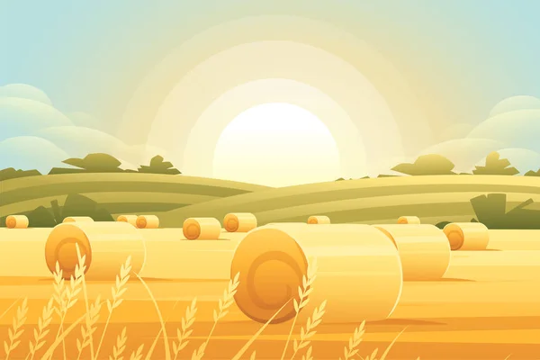 Paysage Rural Matin Avec Collines Dales Champs Agricoles Avec Rouleau — Image vectorielle