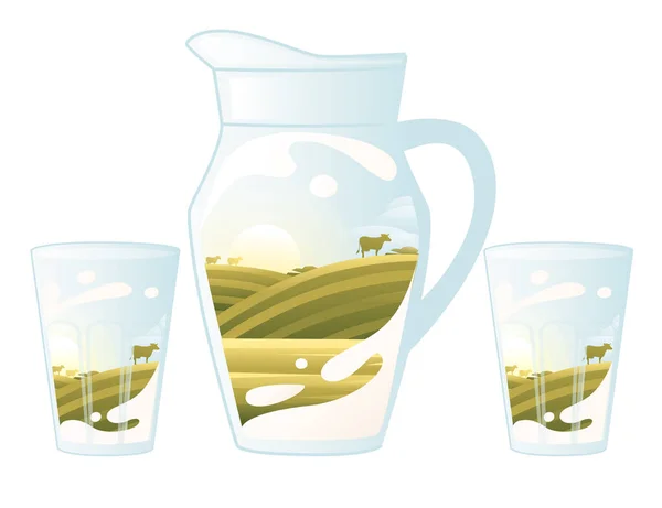 Jarra Abstracta Vidrio Con Campo Agrícola Leche Dentro Ilustración Vectorial — Archivo Imágenes Vectoriales