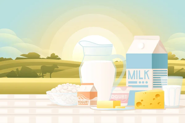 Diferentes yogur y leche paquete productos lácteos presentación plana vector ilustración en el campo de la agricultura con día soleado en el fondo — Archivo Imágenes Vectoriales