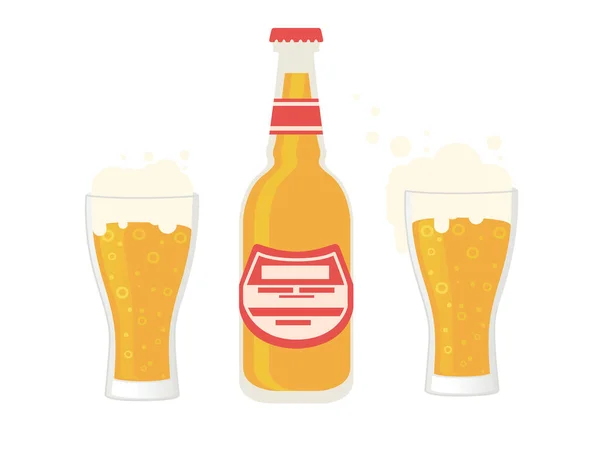 透明玻璃杯和瓶装啤酒，带有白色背景的标签扁平载体说明 — 图库矢量图片