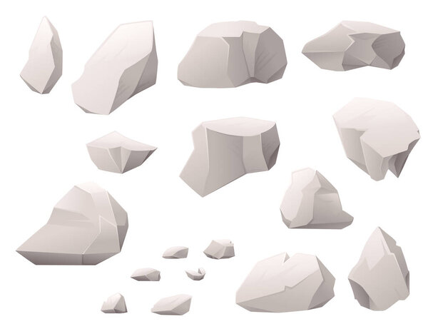 Set of gray stones and rocks different sizes and shapes flat vector illustration isolated on white background