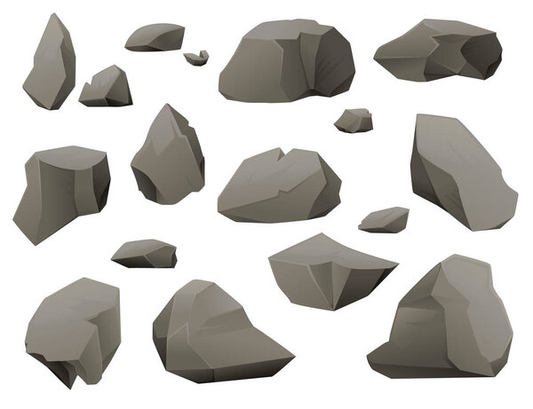 Set of dark gray stones and rocks different sizes and shapes flat vector illustration isolated on white background
