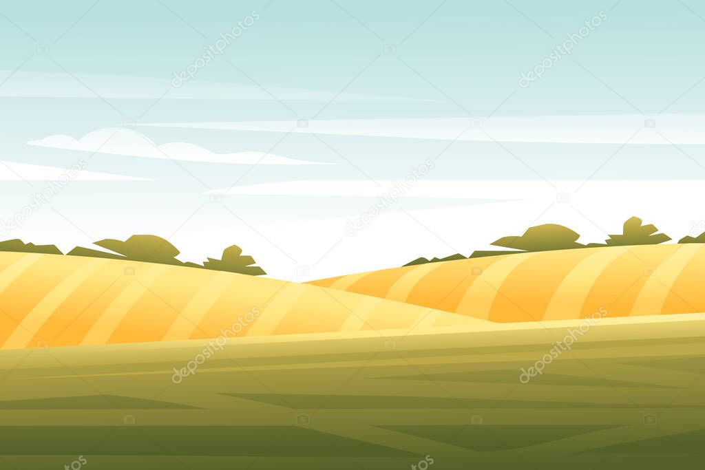Rural morning landscape with hills and dales agricultural fields flat vector illustration.