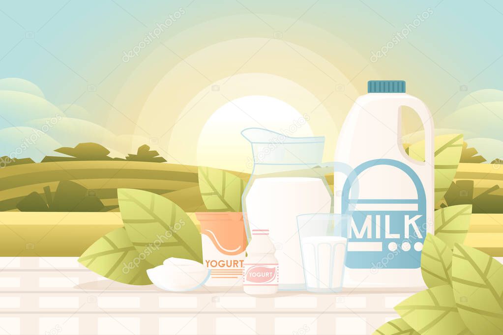 Different yogurt and milk package dairy product presentation flat vector illustration on agriculture field with sunny day on background