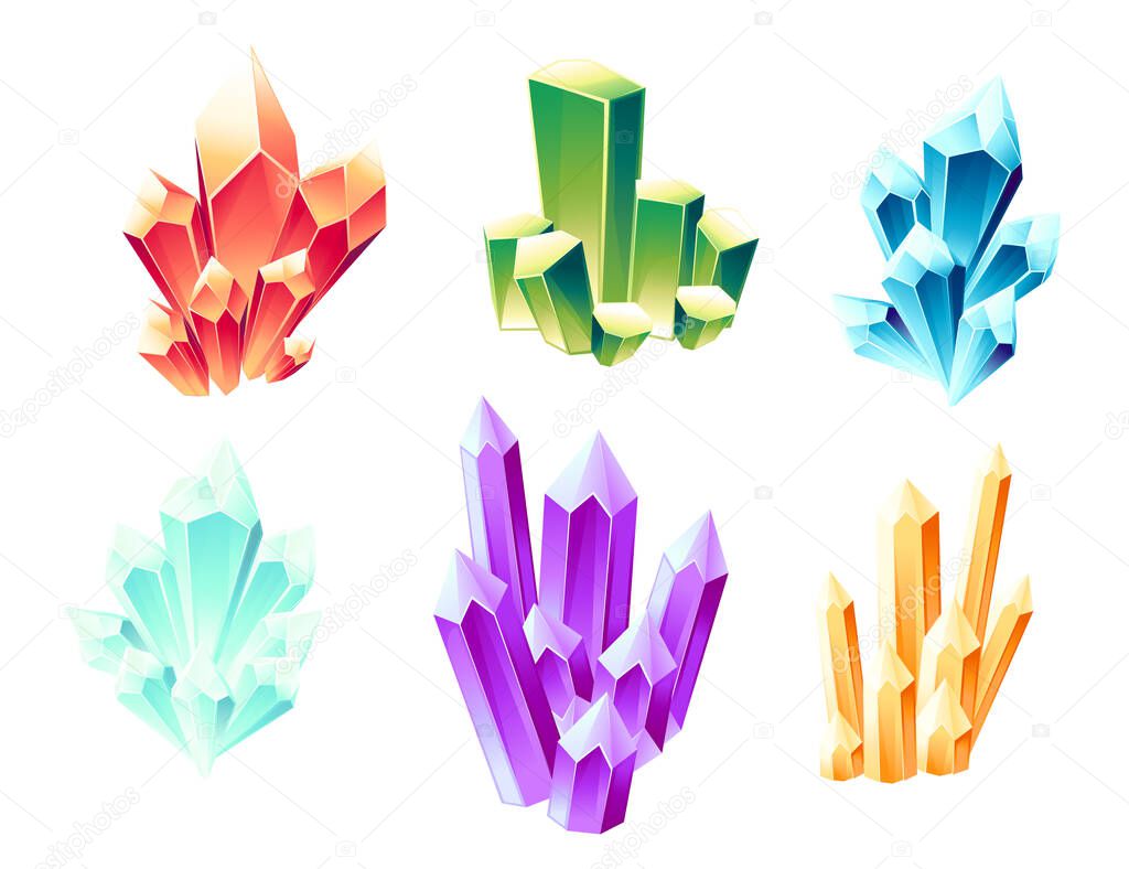 Set of six types different colored shine mineral ore flat vector illustration isolated on white background