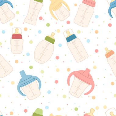 Yeni doğanları bembeyaz arka planda düz vektör çizimleriyle beslemek için silikon meme uçları olan şeffaf plastik bebek şişelerinin kusursuz deseni.