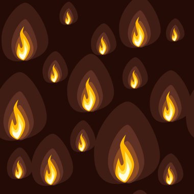 Ateş simgelerinin kusursuz deseni farklı ateş gücü animasyon için hazır kahverengi arkaplanda düz vektör çizimi.