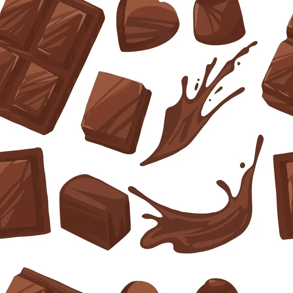 Padrão Sem Costura Pedaços Barra Chocolate Chocolate Derretido Fluindo Doce — Vetor de Stock