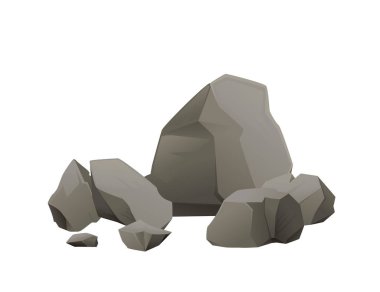 Koyu gri taşlar ve kayalardan oluşan bir grup farklı boyutlarda ve şekillerde düz vektör illüstrasyonunu oyunlar için beyaz arka plan çizgi film tarzı tasarım öğesine izole eder..