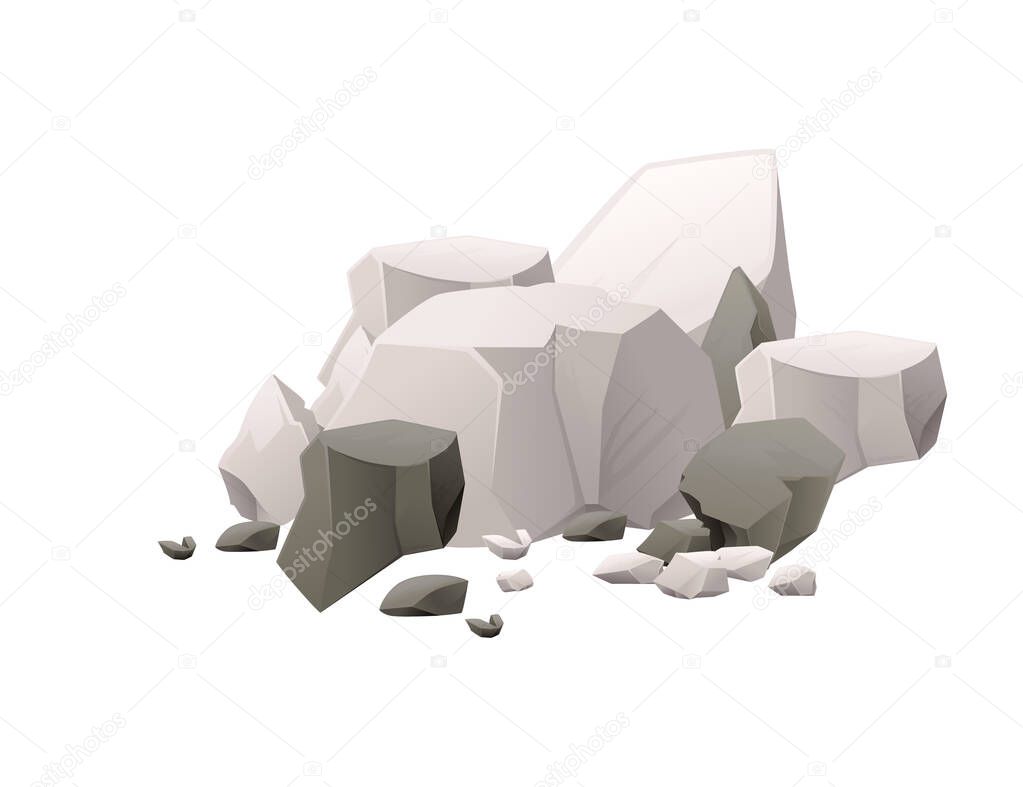 Group of gray stones and rocks different sizes and shapes flat vector illustration isolated on white background cartoon style design item for games.