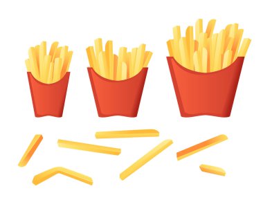 Farklı boyutlarda kırmızı kağıt kutularda tuzlu patates kızartması fast food düz vektör çizimi beyaz arka planda izole edilmiş..