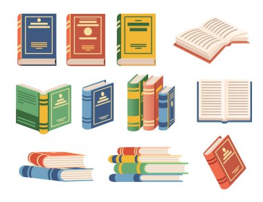 Kitaplar beyaz arkaplanda izole edilmiş kütüphane düz vektör çizimi için ayarlanmış açık ve kapalı kitaplardır.