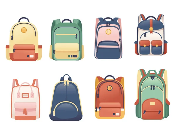 学校のバッグのセット異なるサイズと形状フラットベクトルイラスト上の白い背景 — ストックベクタ